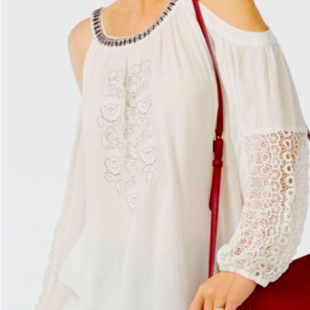 I.N.C, size M cold shoulder White Embellished Crochet Inset Cold-Shoulder Blouse